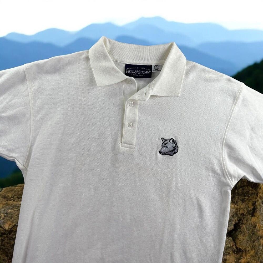 Field and Stream Polo Shirt Mens Medium Vintage‎ White Wash Huskies Timber Wolf